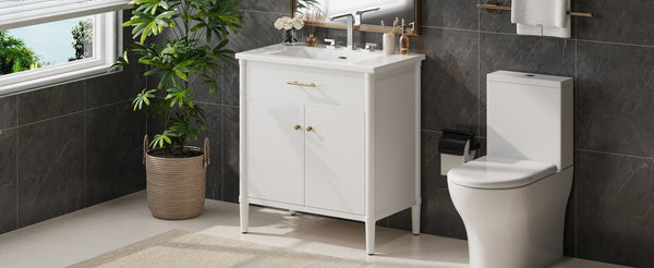English Elm Christopher Knight Home® - 30 Inches Bathroom Vanity With Soft Close Doors, Curved Design, Adjustable Shelf & Elegant Sink N817P299509W