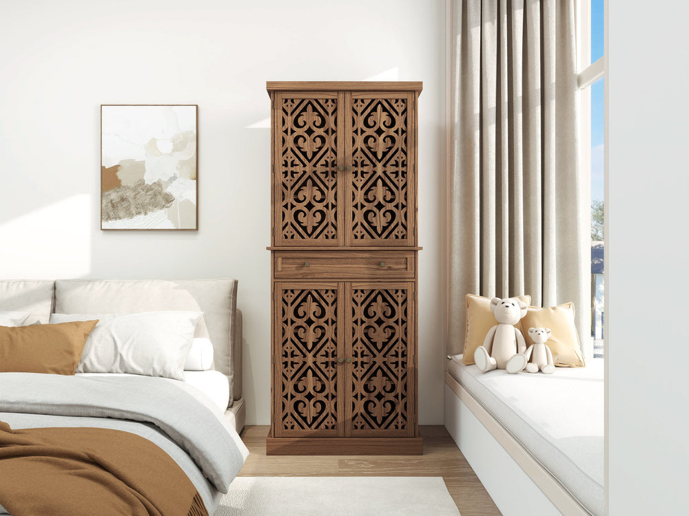 English Elm 4 Door Cabinet with Drawer, Anti-Topple Safety, 4 Adjustable Shelves, Metal Hinges, Compact 43" L W688P179032