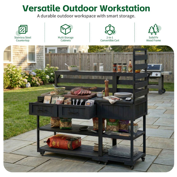 English Elm Topmax Modular Fir Wood Outdoor Kitchen Cart Stainless Steel Prep Station Black N717P417963B