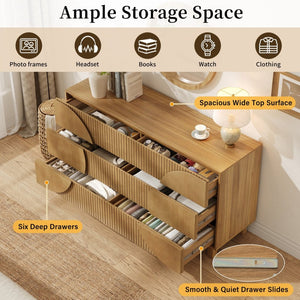 English Elm Modern Fluted 6 Drawer Dresser with Solid Wood Legs Japandi Chest for Bedroom Brown N739S0000015N