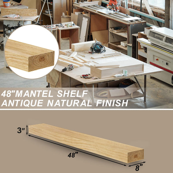 English Elm Fireplace Mantel - 48" Handcrafted Floating Wood Shelf With Rustic Aged Oak Finish For Display Decor T3210P391499