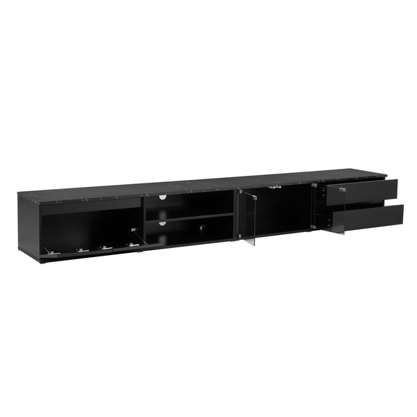 English Elm ON-TREND Modern APP-Controlled LED TV Stand for TVs up to 105" with Faux Marble Top, Tempered Glass Doors, Ample Storage, Cable Management, and High Load Capacity for Living Room Entertainment Center Black N721P171537B