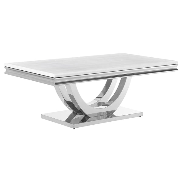 English Elm Durante Rectangular Coffee Table With Faux Marble Top And Chrome U-Shaped Base For Modern Elegance B062S00724