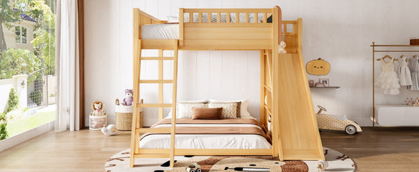 English Elm Full Size Kids Loft Bed Pine Frame Upholstered Headboard Built in Slide and Storage Shelves Natural W1580S00639