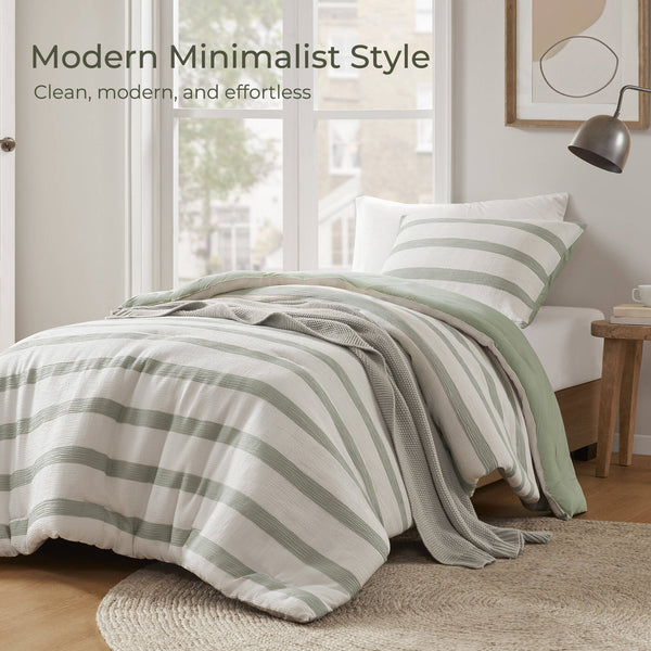 JLA Home Super Listing - Yarn-dyed Merritt striped comforter with woven tonal texture, subtle crinkle & all-season warmth, OEKO-TEX certified Sage Green AM10-0611
