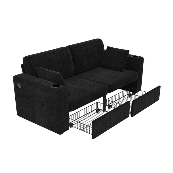 English Elm Sofas for Living Room Chenille Three Seat Couch with Usb Charging Storage and Cup Holder Black W395S00144