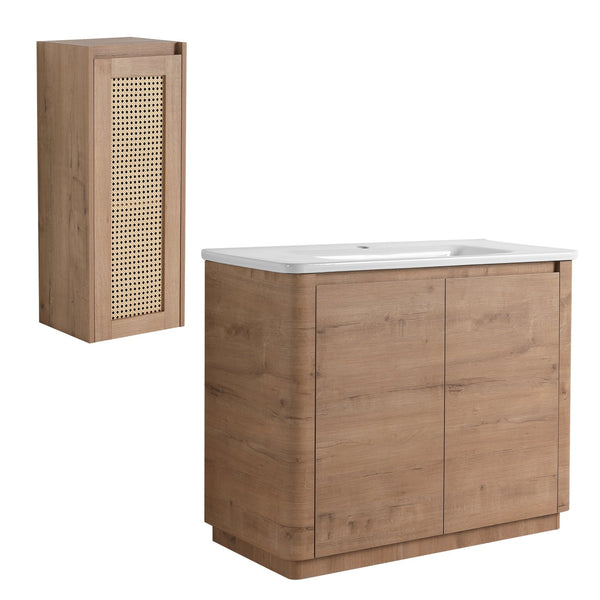 English Elm 40'' Freestanding Bathroom Vanity With Ceramic Sink, Soft-Close Doors & Side Cabinet For Stylish Storage W999S00404