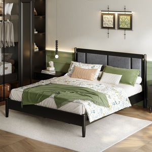 English Elm Solid Pine King Platform Bed with Upholstered Headboard and Industrial Metal Accents Black,Dark Grey N770PK361419B