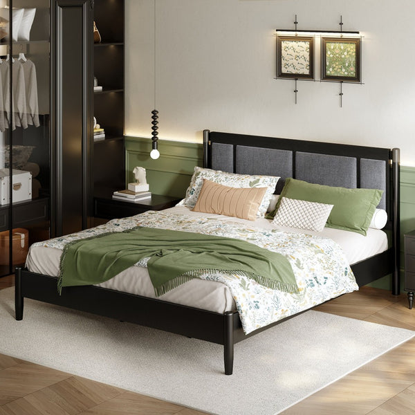 English Elm Solid Pine King Platform Bed with Upholstered Headboard and Industrial Metal Accents Black,Dark Grey N770PK361419B