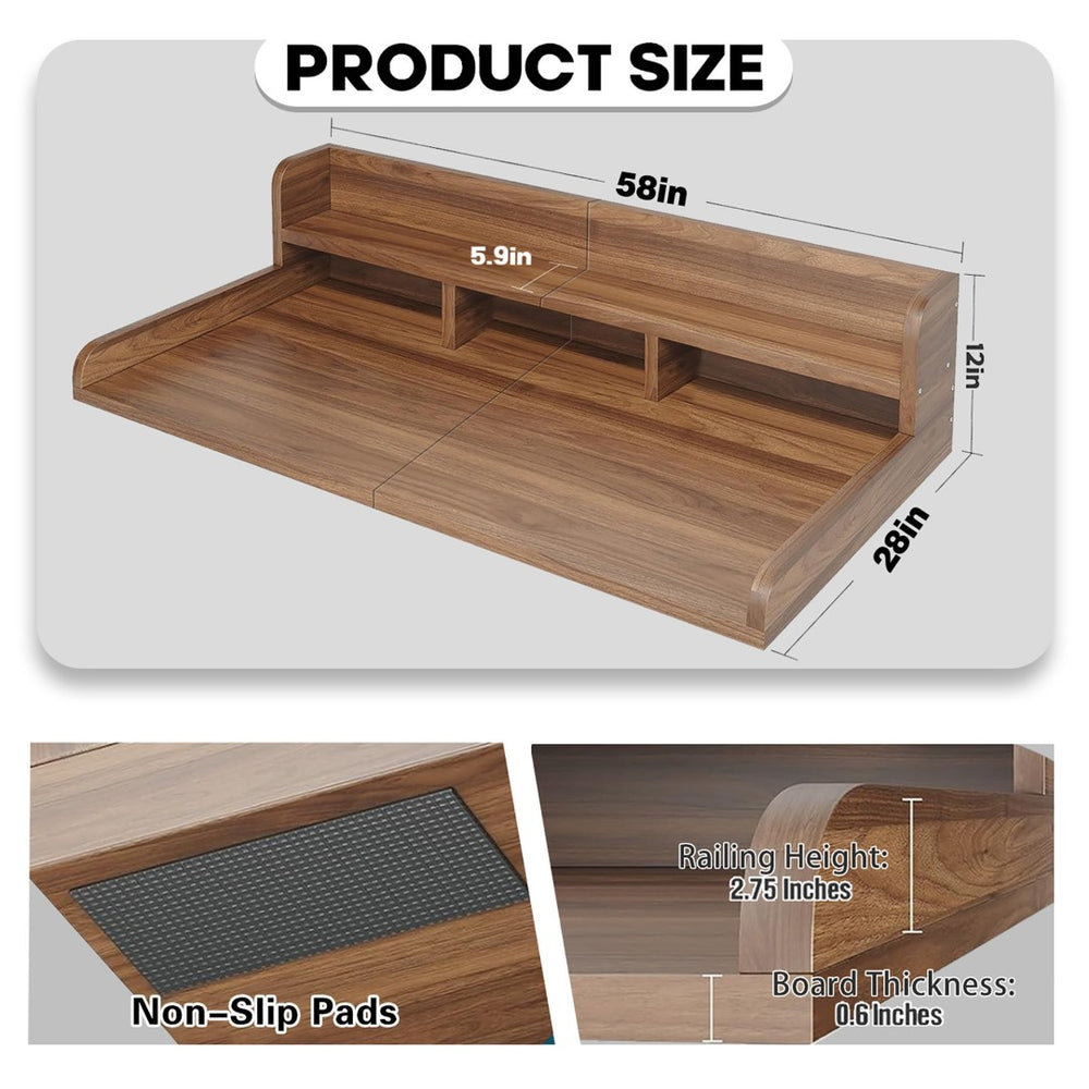 English Elm (58" Width) Walnut Finish Laundry Room Countertop Shelf Topper with Raised Edge and Divider W2641P446844