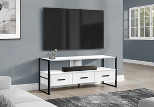 English Elm Tv 48 Inch Console Media Center with Three Glide Drawers, Black Metal Frame, Open Shelves for Cable Management White 51 L x 19 W x 7 H B2710P219091