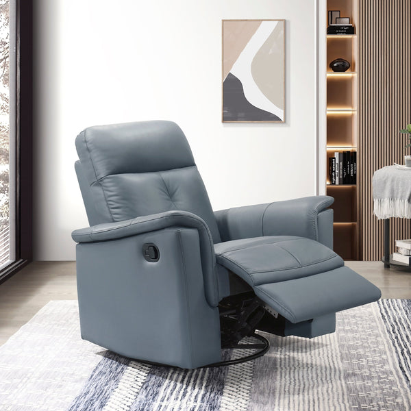 English Elm Blue Blue-gray Top Grain Leather Swivel Glider Recliner Chair – 360° Motion, Pull-Tab Recline, Modern Comfort B011P329271
