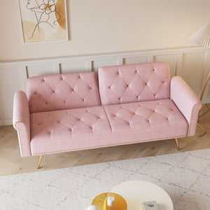 English Elm A Velvet 69.7" Sofa Bed with Gold Legs, Nailhead Trim, 2-Seater Convertible Sofa with Pillow Pink W3356P298450