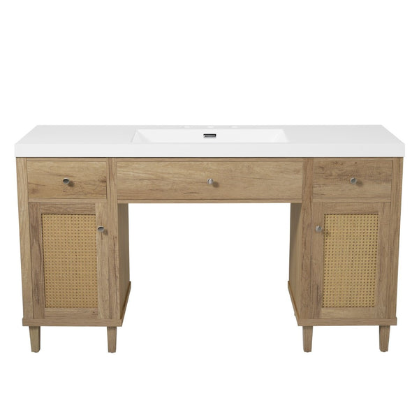 English Elm 60 Inch Double Sink Bathroom Vanity Rattan Pine Legs Soft Close Storage Brown Wood N817P296127N