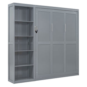 English Elm Queen Murphy Wall Bed with Side Shelving Folds Flush Into Mdf Cabinet for Studio Rooms Gray LP000697AAE-2