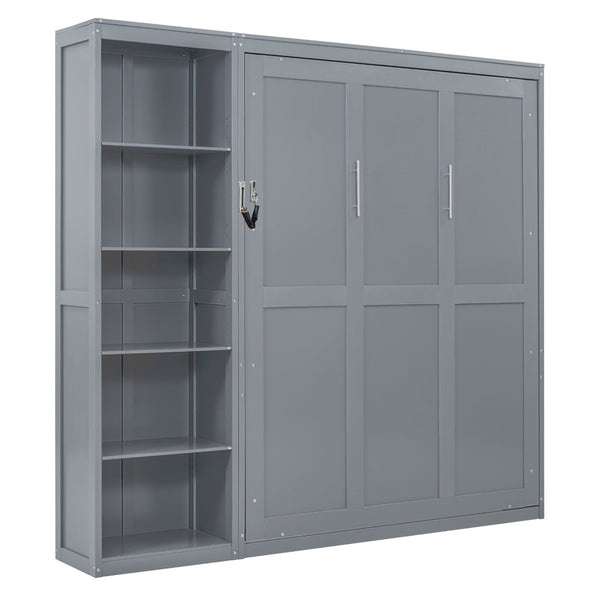 English Elm Queen Murphy Wall Bed with Side Shelving Folds Flush Into Mdf Cabinet for Studio Rooms Gray LP000697AAE-2