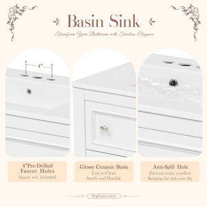 English Elm 36'' Modern Bathroom Vanity with Ceramic Sink and Medicine Cabinet, Solid Wood Frame, 4 Drawers, Waterproof Finish White SW000138AAK-1