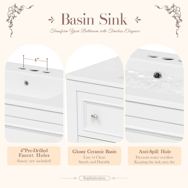 English Elm 36'' Modern Bathroom Vanity with Ceramic Sink and Medicine Cabinet, Solid Wood Frame, 4 Drawers, Waterproof Finish White SW000138AAK-1