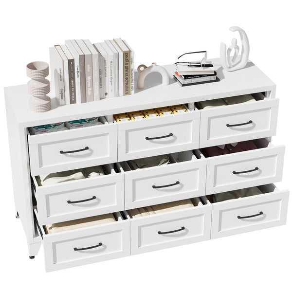 English Elm 9 Drawer Steel Dresser Low Profile White Powder Coated Frame Quiet Glide Bedroom Storage T2398P465982