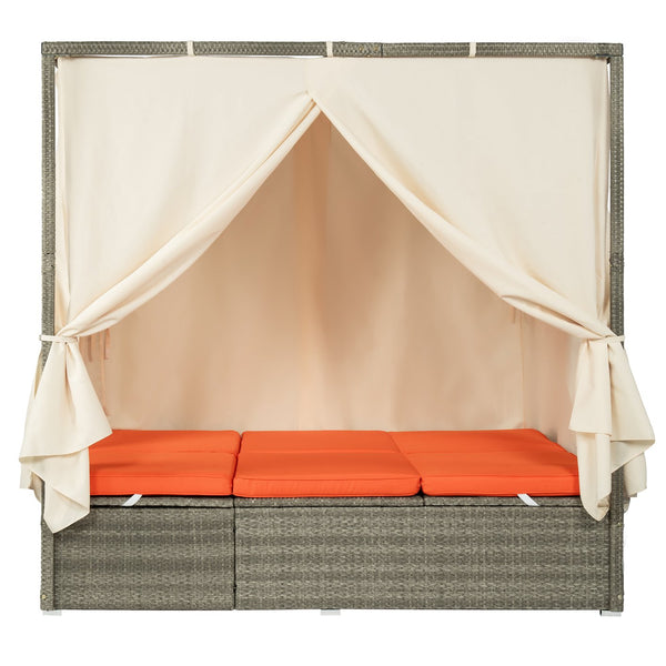 English Elm U_Style Outdoor Adjustable Sun Bed with Canopy & Curtains, Steel Frame, PE Rattan, 400lb Capacity Orange WY000437AAO
