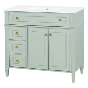 English Elm 36 Inch Freestanding Bathroom Vanity Sage Pine Cabinet Gold Hardware Ceramic Sink Green N725P366468G