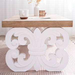 English Elm Ornate 47" Wood Coffee Table with White Carved Base and Natural Top — Farmhouse Charm, Durable Accent Piece W2729P298232