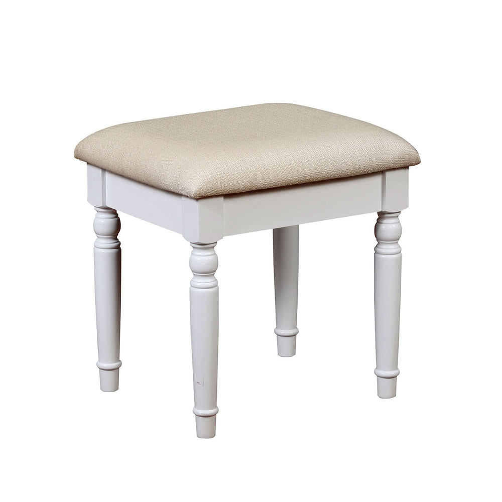 English Elm White Glam Vanity Set with Stool and Tri-Fold Mirror, Shimmer Inserts, Upholstered Stool, Drawers B2741P400818