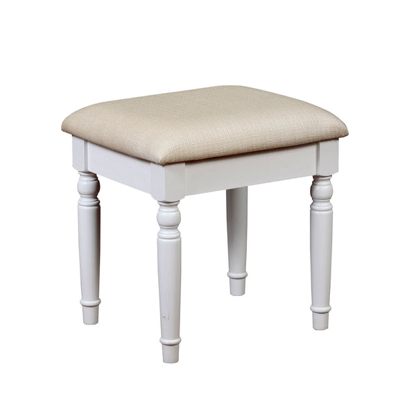 English Elm White Glam Vanity Set with Stool and Tri-Fold Mirror, Shimmer Inserts, Upholstered Stool, Drawers B2741P400818
