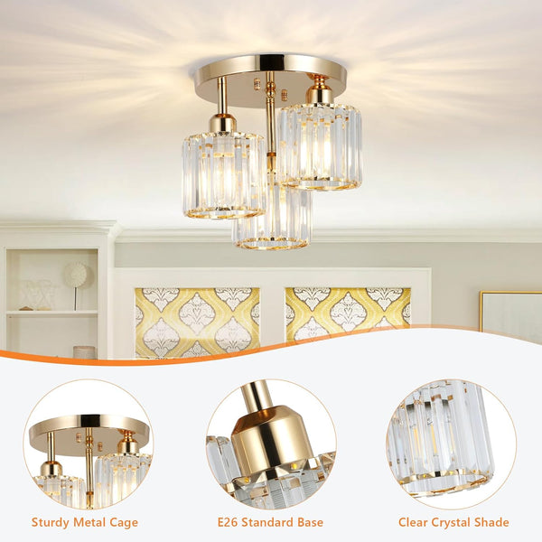 English Elm Modern Semi Flush Mount Crystal Ceiling Light - 3-Light Golden Fixture with Clear Prismatic Shades for Bedroom Hallway Kitchen Bath W2738P185420