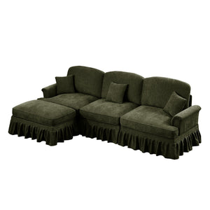 English Elm Mid Century three-seater modular L-shaped sectional sofa with removable ruffle skirts, chenille comfort and spindle legs — versatile, elegant seating solution Green W3041S00267