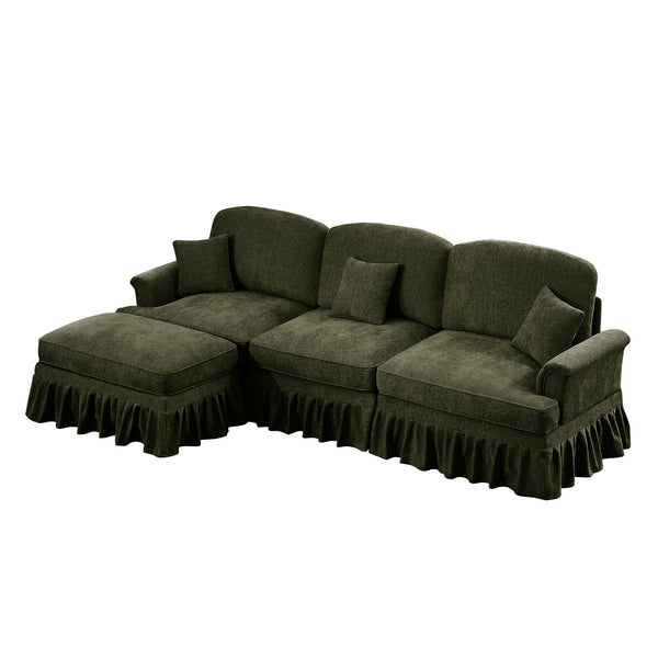 English Elm Mid Century three-seater modular L-shaped sectional sofa with removable ruffle skirts, chenille comfort and spindle legs — versatile, elegant seating solution Green W3041S00267