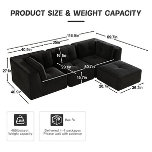 English Elm Modern Corduroy Sectional Sofa Tufted Deep Seat Couch with Movable Ottoman No Assembly Black W714S01790