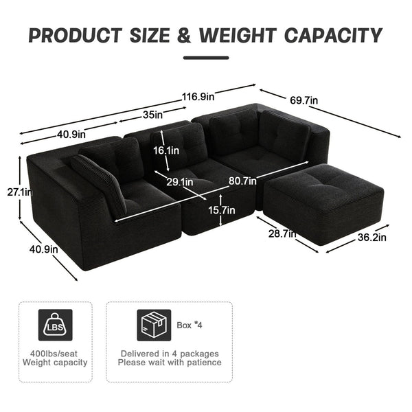 English Elm Modern Corduroy Sectional Sofa Tufted Deep Seat Couch with Movable Ottoman No Assembly Black W714S01790