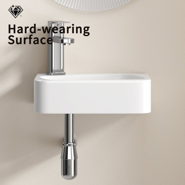 English Elm Floating Wall Mounted Ceramic Bathroom Sink Compact Rectangle White Porcelain Vanity W3402P362900