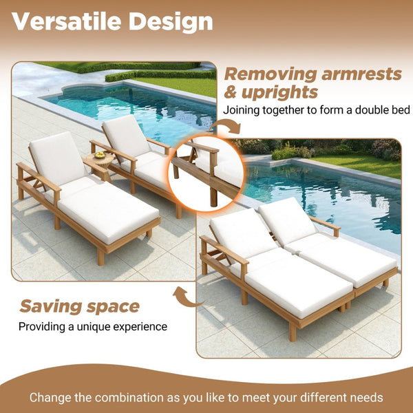 English Elm Trexm Acacia Wood Outdoor Chaise Lounge Set Reclining Patio Sunbed with Cushions Beige,Light Teak TM000034AAD