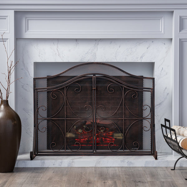 English Elm Christopher Knight Home® - FIRE Screen Gary 3-Panel Iron Fireplace Screen with Doors, Black Copper Finish, Camelback Scrollwork Protective Accent 65187.00BLKCOP
