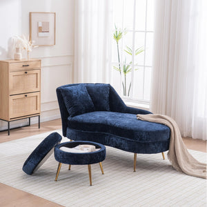 English Elm 58'' Chenille Chaise Lounge with Footstool Pocket Spring Comfort for Bedroom Living Room Blue W2363S00090