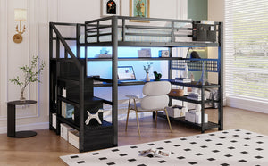 English Elm Full Size Steel Loft Bed with Staircase Storage Wardrobe Desk and Led Lighting Black W2593S00060