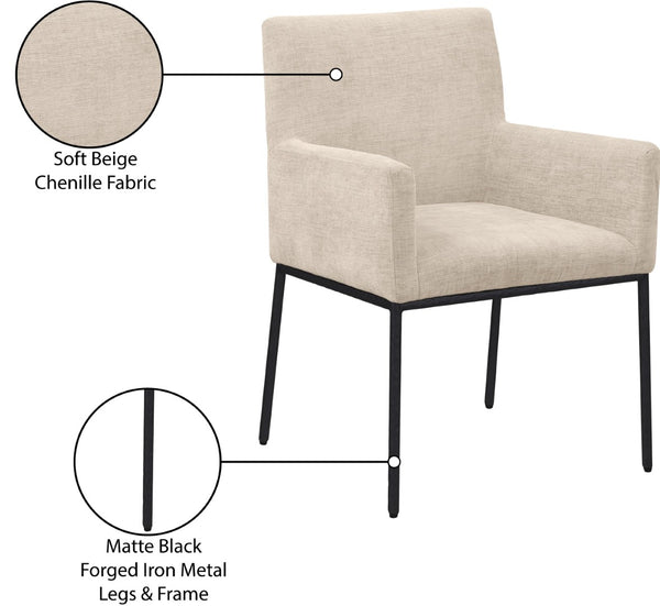 Meridian Furniture Reeves Plush Chenille Upholstered Arm Chair with Matte Black Iron Frame for Dining 11001Beige-C