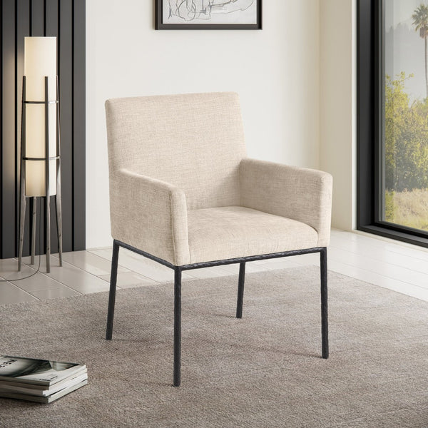 Meridian Furniture Reeves Plush Chenille Upholstered Arm Chair with Matte Black Iron Frame for Dining 11001Beige-C