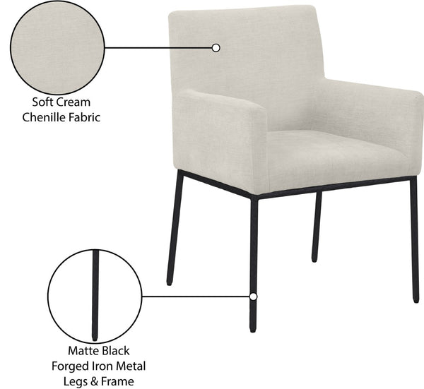 Meridian Furniture Reeves Cream Chenille Upholstered Arm Chair with Matte Black Iron Legs for Dining 11001Cream-C