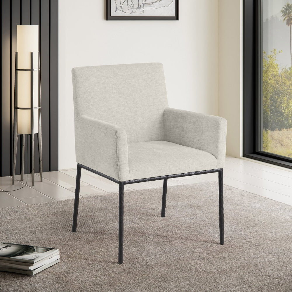 Meridian Furniture Reeves Cream Chenille Upholstered Arm Chair with Matte Black Iron Legs for Dining 11001Cream-C