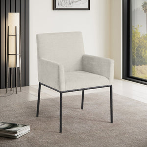 Meridian Furniture Reeves Cream Chenille Upholstered Arm Chair with Matte Black Iron Legs for Dining 11001Cream-C