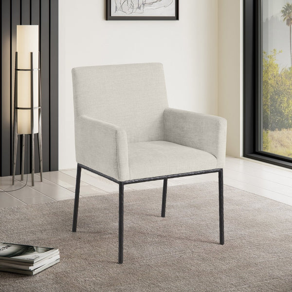 Meridian Furniture Reeves Cream Chenille Upholstered Arm Chair with Matte Black Iron Legs for Dining 11001Cream-C