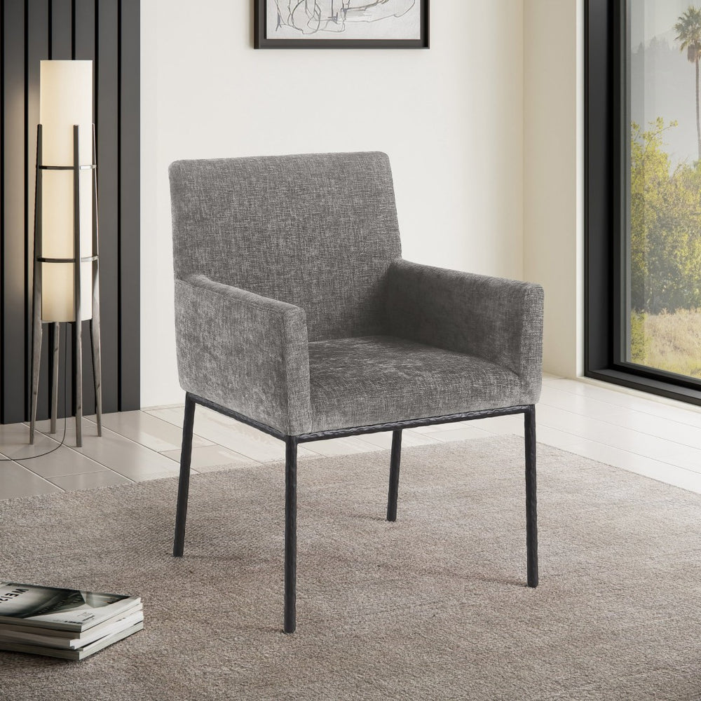 Meridian Furniture Reeves Chenille Upholstered Arm Chair with Iron Base for Contemporary Dining Rooms 11001Grey-C