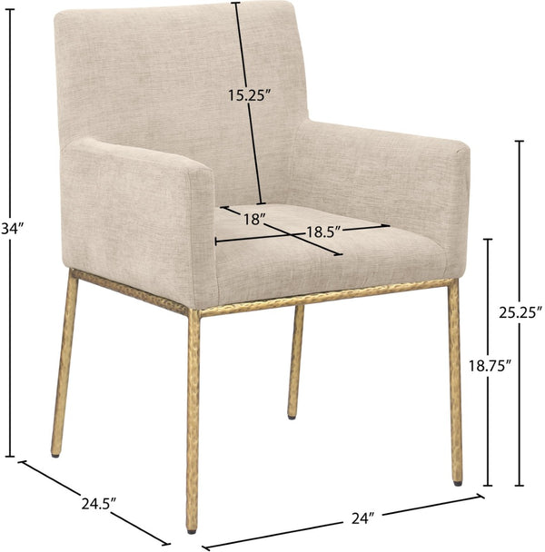 Meridian Furniture Reeves Chenille Upholstered Arm Chair with Brushed Brass Legs for Modern Dining 11002Beige-C