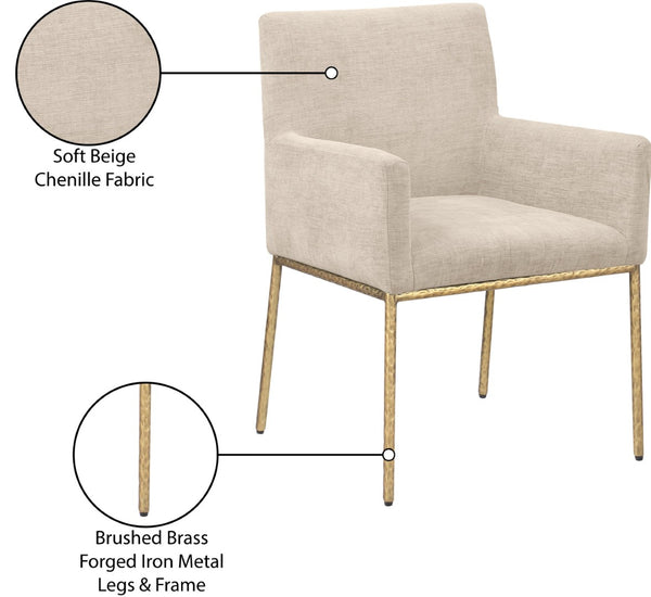 Meridian Furniture Reeves Chenille Upholstered Arm Chair with Brushed Brass Legs for Modern Dining 11002Beige-C