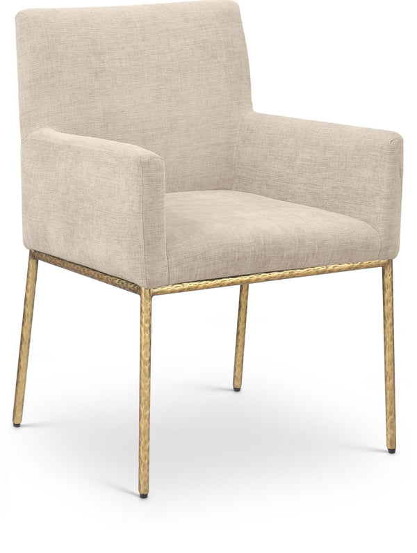 Meridian Furniture Reeves Chenille Upholstered Arm Chair with Brushed Brass Legs for Modern Dining 11002Beige-C