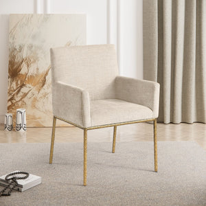 Meridian Furniture Reeves Chenille Upholstered Arm Chair with Brushed Brass Legs for Modern Dining 11002Beige-C