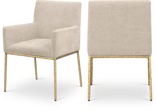 Meridian Furniture Reeves Chenille Upholstered Arm Chair with Brushed Brass Legs for Modern Dining 11002Beige-C